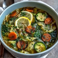 A steaming bowl of vibrant Spring Detox Cabbage Soup with fresh herbs and lemon slices on the side.