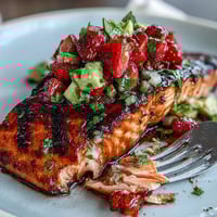Juicy grilled salmon with vibrant strawberry avocado salsa, a perfect healthy summer meal.