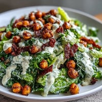 Vegan Caesar Salad with Chickpea Croutons: creamy dressing meets crunchy, seasoned plant-based croutons.