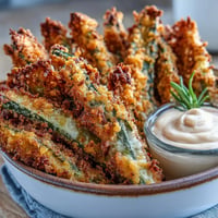 Golden, crispy pickle fries in air fryer with creamy spicy mayo dip.