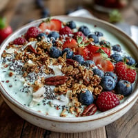 Thick skyr protein smoothie bowl with vibrant berries and crunchy granola.