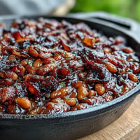 Juneteenth BBQ baked beans with bacon, bubbling hot in a cast iron skillet.
