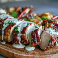 Tender pork roast golden brown, drizzled with creamy Dijon mustard sauce.