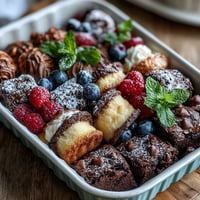 Various mini cakes and brownie bites arranged in a picnic snack box.