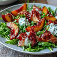 Creamy burrata, sweet peaches, and salty prosciutto on arugula in a Peach Burrata Prosciutto Salad.