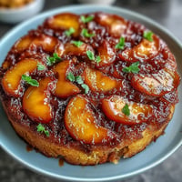 Brown Sugar Peach Upside-Down Cake baked golden with bubbling caramelized fruit.