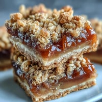 Golden baked Apple Cinnamon Jam Oat Bars, showing chewy topping and sweet fruit filling.